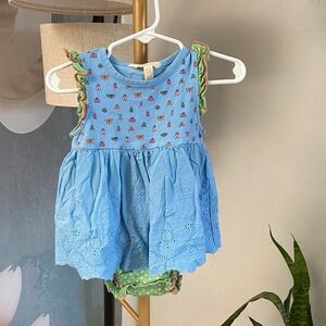 Matilda Jane Blue Eyelet Dress with Green Ruffle Trim romper/onesie 12-18 mos